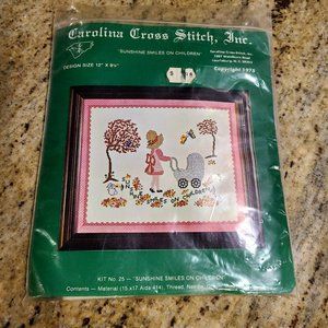 Carolina Cross Stitch Kit. Girl Baby Carriage Bunnies Sunshine Smiles Children
